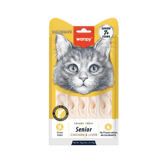 Wanpy Cat Senior Creamy Lickable Chicken & Liver 70 g | Cremet snack til ældre katte