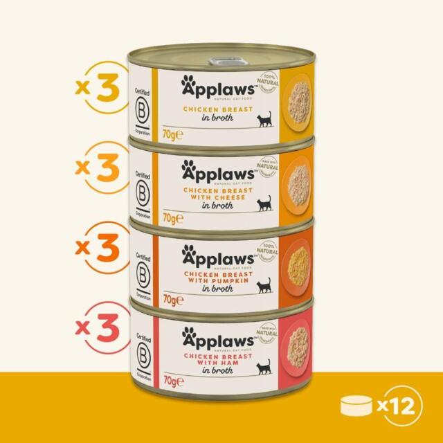 Applaws Cat Tin Chicken Selection in Broth til voksne katte (12 x 70 g)
